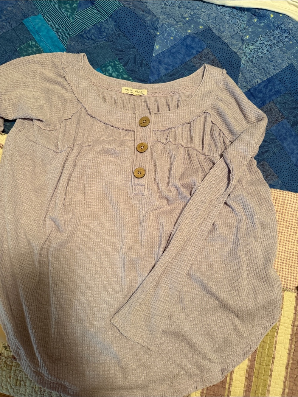 We The Free Cream Waffle Knit Henley Top with Button Detail